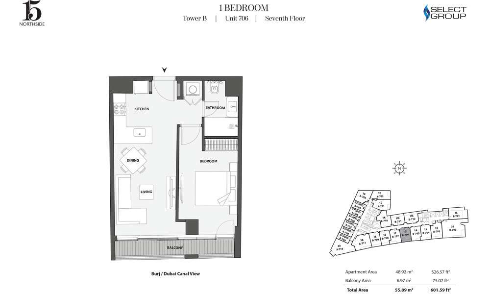 Tower B, 1 Bedroom, Unit 706, Seventh Floor